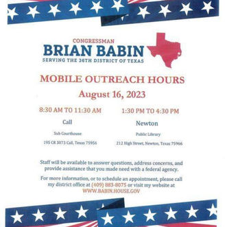 Congressman Babin’s Staff coming to Newton Public Library - August 16th