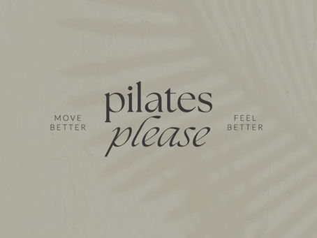 Text "pilates please" with "MOVE BETTER" and "FEEL BETTER" on a light textured background with soft leaf shadow, conveying a soothing vibe.