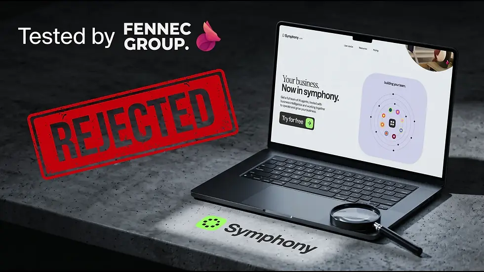 Laptop met de startpagina van Wix Symphony op een betonnen blad, met het Symphony-logo onder een vergrootglas, een rode stempel "Rejected" en de tekst "Tested by Fennec Group"