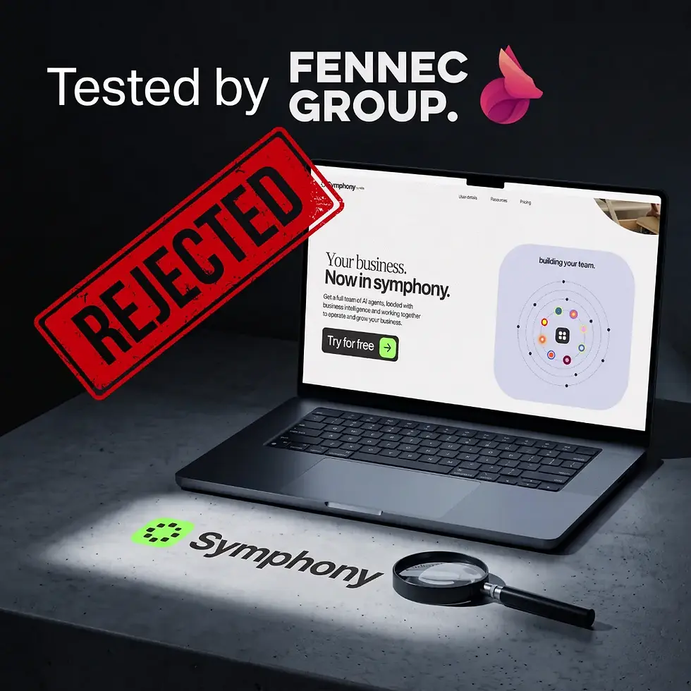 Laptop met de startpagina van Wix Symphony op een betonnen blad, met het Symphony-logo onder een vergrootglas, een rode stempel "Rejected" en de tekst "Tested by Fennec Group"