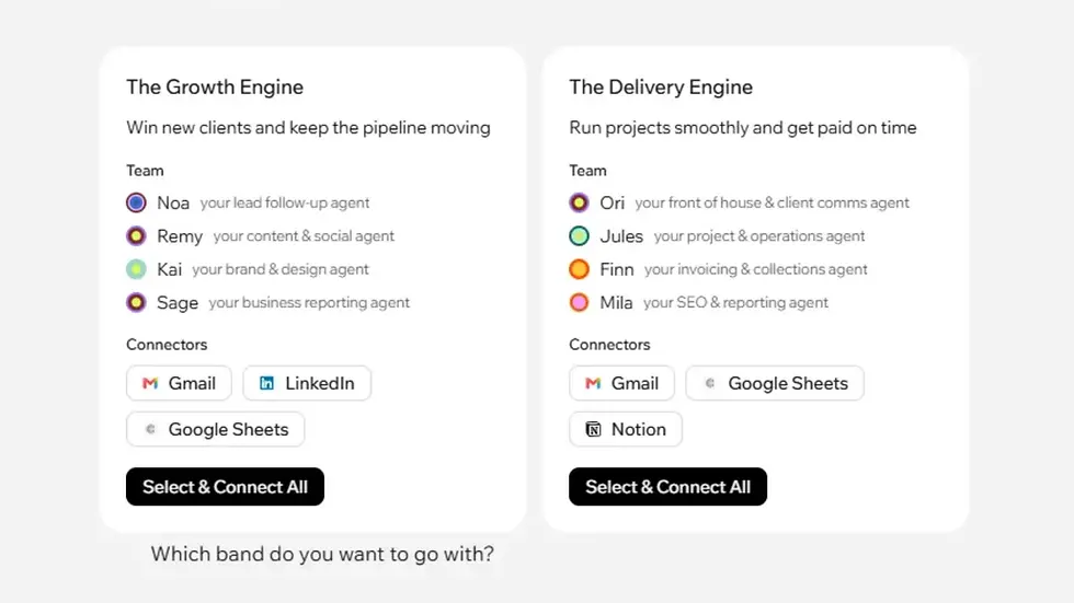 Twee teams van AI-agents in Wix Symphony, The Growth Engine en The Delivery Engine, elk met vier agents en koppelingen zoals Gmail, LinkedIn, Google Sheets en Notion.