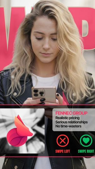 Woman viewing Tinder interface with Fennec Group web designer profile and swipe left option