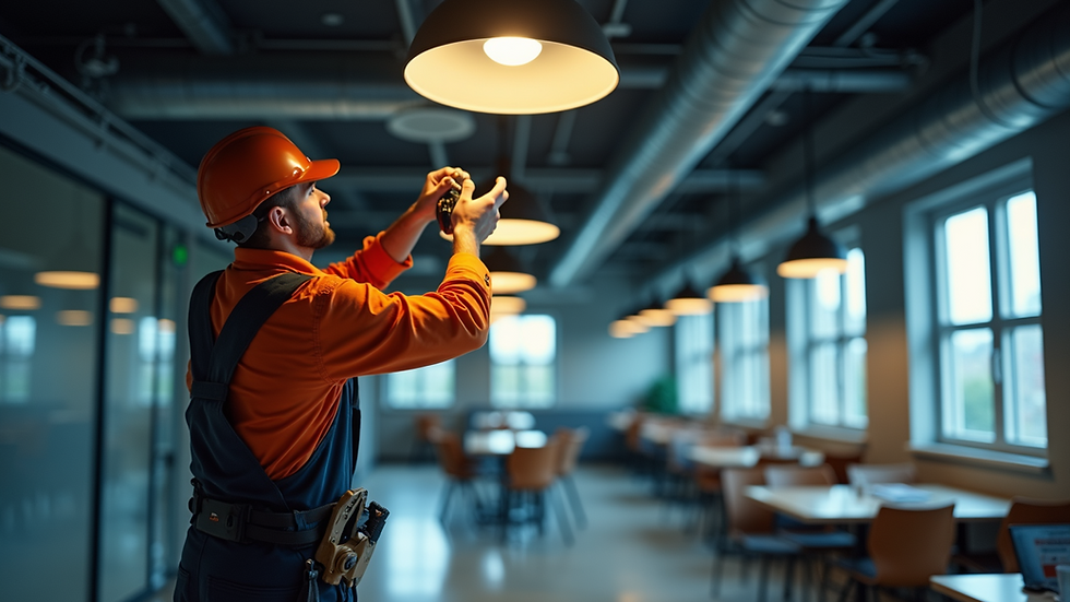 High angle view of electrician installing commercial lighting fixtures