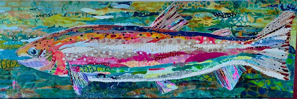 This is a photography of a paper collage fish that is one of the collages in the portfolio.  This is used as a banner for this section.  Fish is colorful with shades of pink, blue and orange.  See "Trout" in the portfolio for more product details.