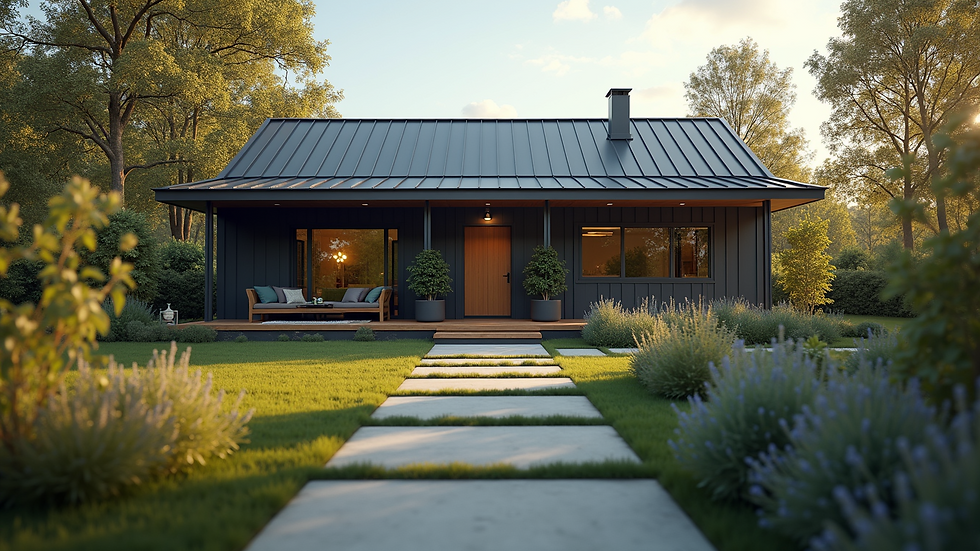 Eye-level view of a modern home with a metal roof