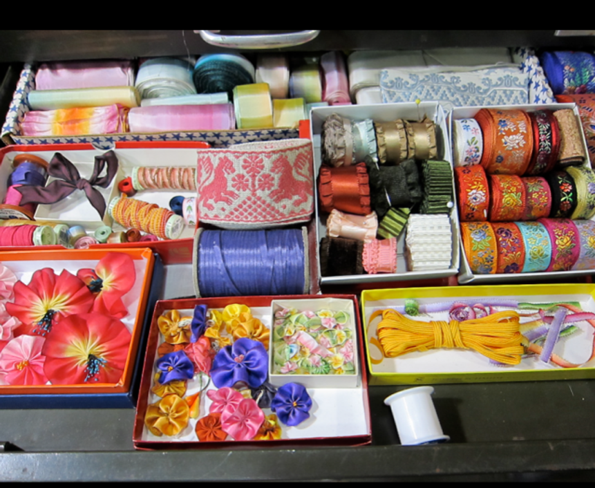 A peek at a portion of Candace Kling's vast ribbon stash.