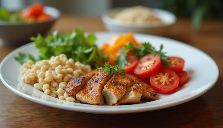 Eye-level view of a colorful plate with balanced portions of vegetables, protein, and grains
