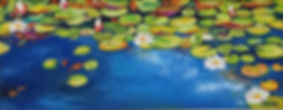 Vibrant oil painting of water lilies and lily pads floating on blue water, signed A.Smith