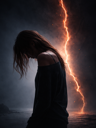 Femme seule dans l’ombre, fissure lumineuse en arrière-plan symbolisant la fin d’une relation karmique et la souffrance émotionnelle.