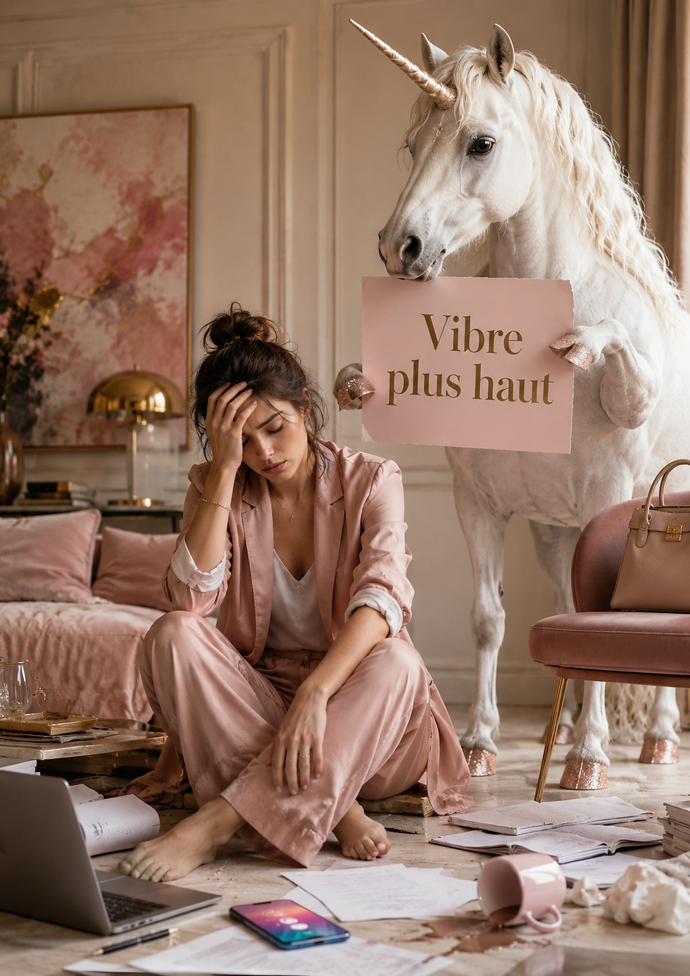 Femme en rose, stressée au sol, devant une licorne blanche tenant une pancarte Vibre plus haut dans un salon rose.