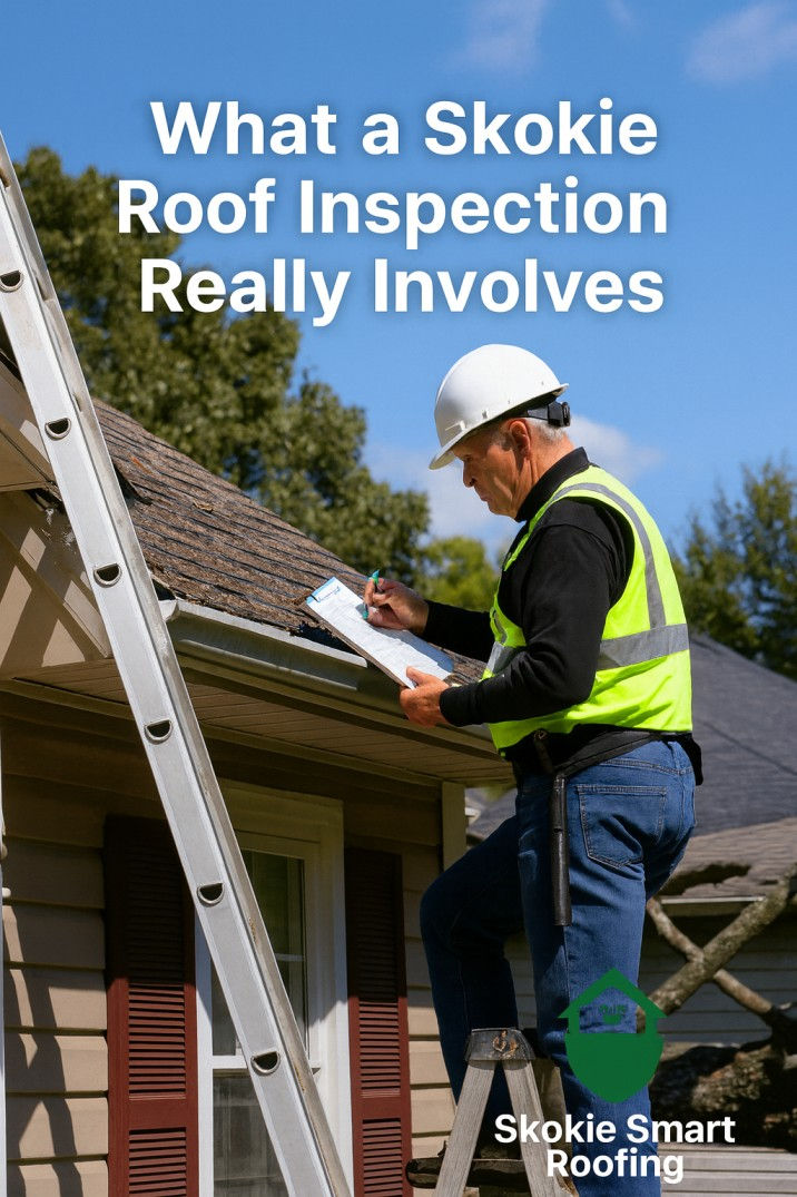 Inspector on ladder examining a Skokie home roof with overlay text about roof inspection and Skokie Smart Roofing logo.
