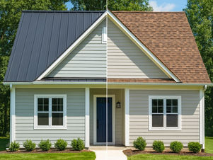 Split-view home in Madison WI with dark gray metal roof on one side and brown asphalt shingles on the other, clear sky, green yard, and Madison Pro Roofing branding.