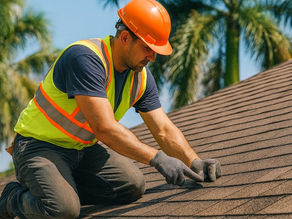 A high-resolution image of a residential home in Deltona, Florida, with a roofing contractor in safety gear repairing shingles under a bright, sunny sky. Tropical landscaping surrounds the house, and the Deltona Smart Roofing logo with the company name is displayed in the bottom right corner for branding.
