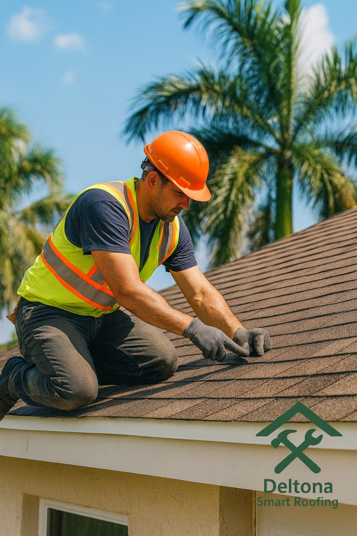 A high-resolution image of a residential home in Deltona, Florida, with a roofing contractor in safety gear repairing shingles under a bright, sunny sky. Tropical landscaping surrounds the house, and the Deltona Smart Roofing logo with the company name is displayed in the bottom right corner for branding.