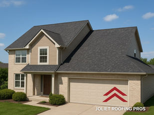 A modern suburban Joliet home with a new asphalt shingle roof and Joliet Roofing Pros logo at the bottom.