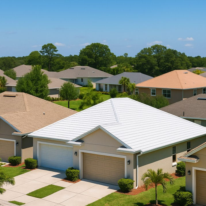 A sunny Florida neighborhood in Deltona with modern homes featuring reflective roof colors—light gray, beige, tan, and white—under clear blue skies, showcasing energy-efficient roofing. The Deltona Smart Roofing logo is placed in the top corner with the brand name beneath it.