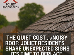 Joliet Roofing Pros blog thumbnail showing worn roof with raindrops, Joliet neighborhood backdrop, and company logo with name.