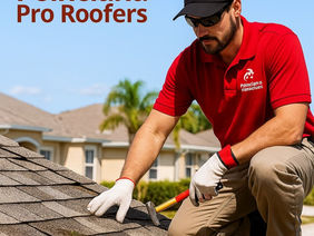 Poinciana Pro Roofers contractor inspecting a home roof with early damage, logo and brand name in corner.