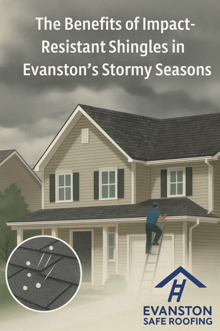 A high-resolution digital illustration of a home in Evanston, IL, with a roofer inspecting impact-resistant shingles after a spring storm. Hail bounces off the shingles in an inset graphic, and the Evanston Safe Roofing logo appears in the bottom right corner.