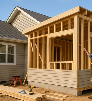 A contractor measures the wooden frame of a new room being added to the side of a suburban