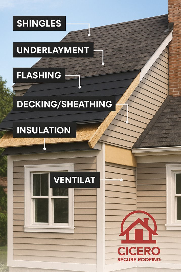 Cutaway view of a Cicero home roof showing all layers from shingles to sheathing with Cicero Secure Roofing branding.