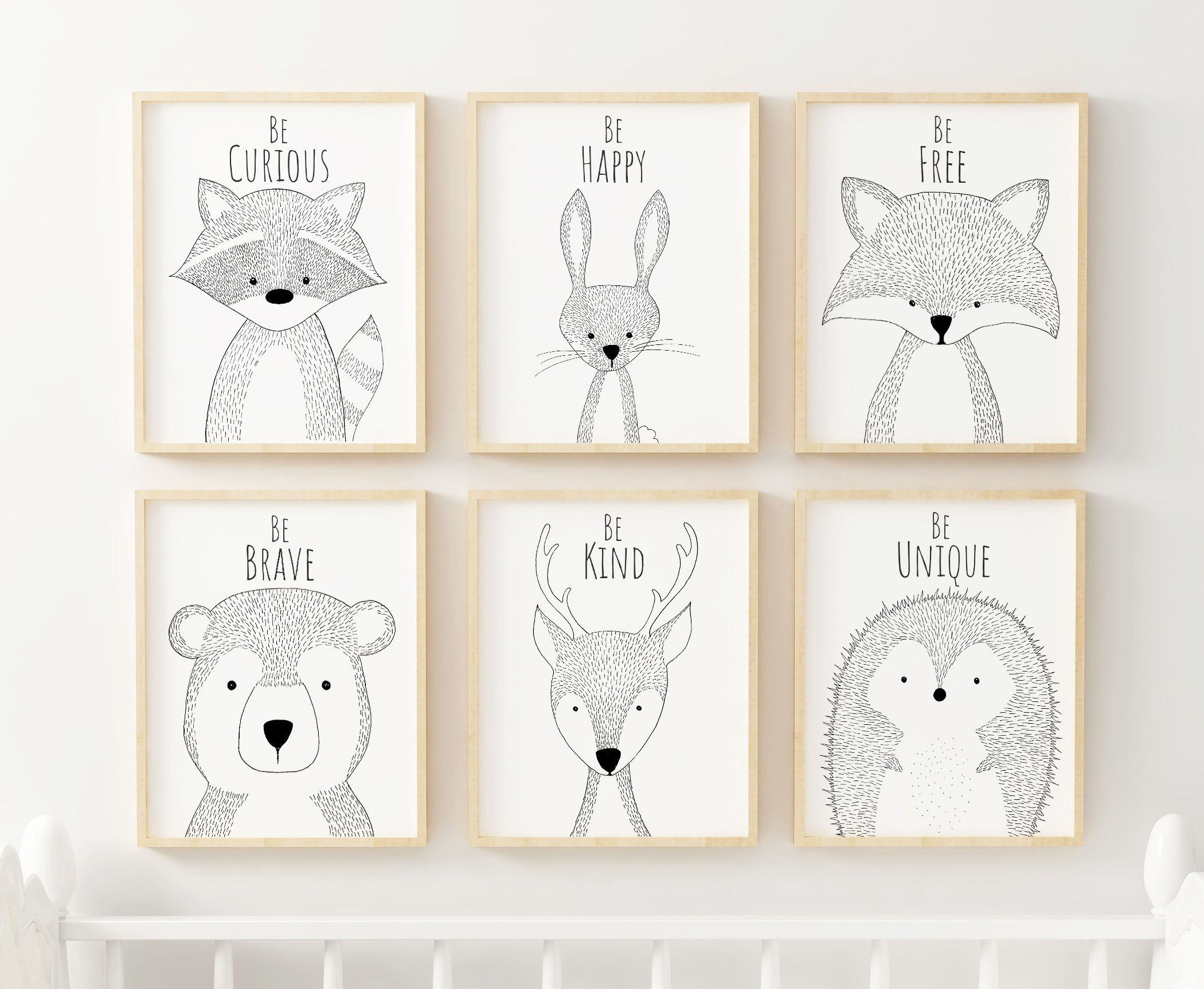 Woodland Hand-Drawn Nursery Print Set WITH Text