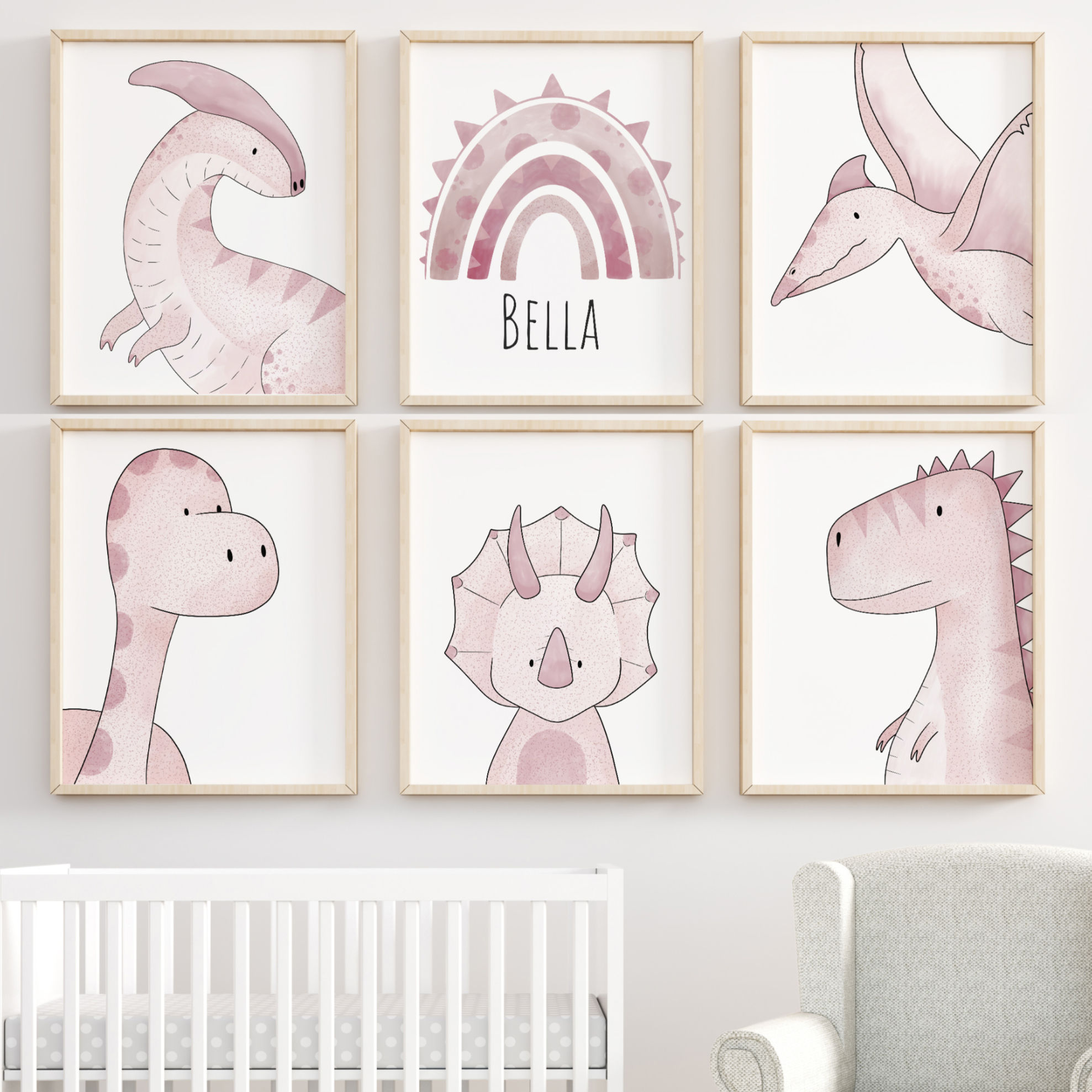 Pink Dinosaur Nursery Set Of 7 Prints