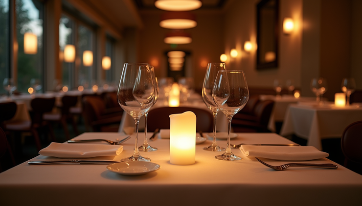 High angle view of a romantic dinner setup with candles and wine glasses