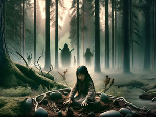 A girl sitting on a forest in a protective circle calling her ancestors.