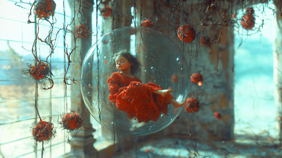 A girl dressed in red sleeps inside a protective bubble that looks like a soap bubble.
