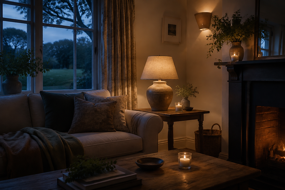 Layered lighting from a table lamp, wall light and candlelight creating a warm, cosy room in the evening