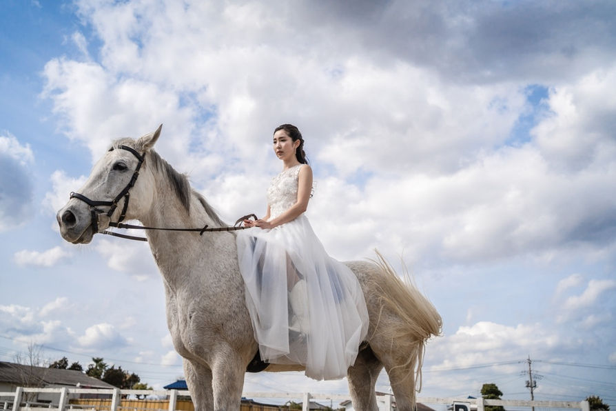 ウェディングドレスとホースフォト