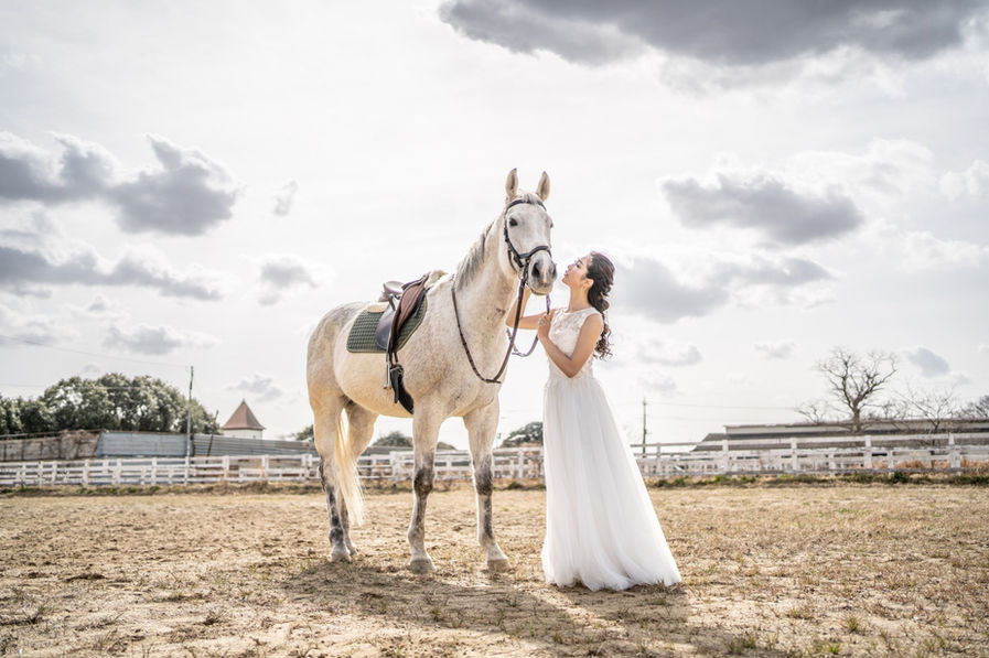 馬とウェディングドレスを着ている女性