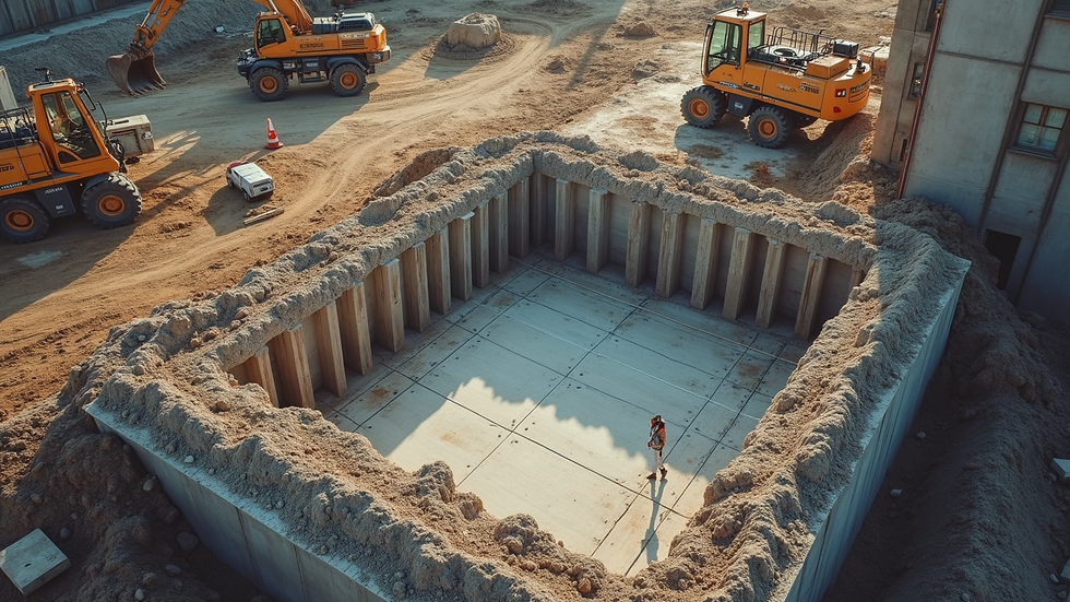 High angle view of a construction site with foundation work in progress