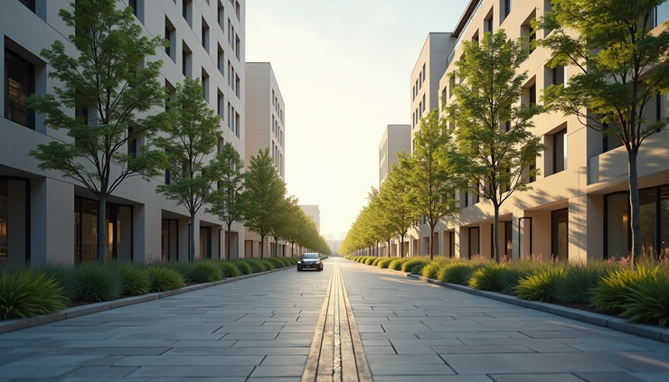 Eye-level view of Liberty Hill’s main street showing new buildings and green spaces