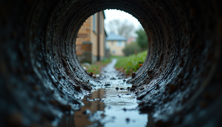 Eye-level view of a sewer camera inspecting a residential sewer pipe