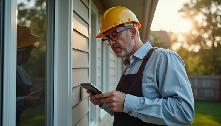 Eye-level view of a home inspector examining a house exterior