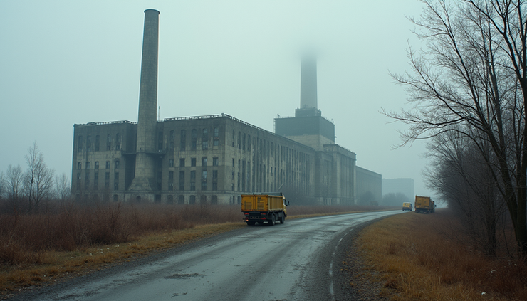 Eye-level view of the Chernobyl nuclear power plant with the damaged reactor building