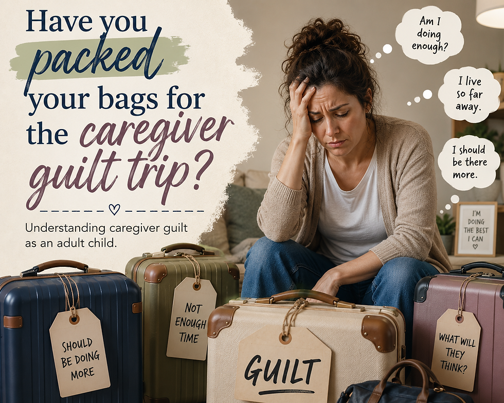 A stressed out caregiver sitting with "bags" of guilt phrases