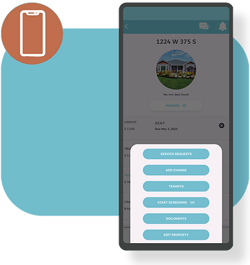Smartphone icon and mobile interface mockup showing HELM’s landlord app dashboard, with access to tenants, service requests, and payment tracking—built for iOS and Android.