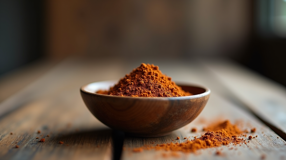 Eye-level view of a bowl of chaga powder on a wooden table