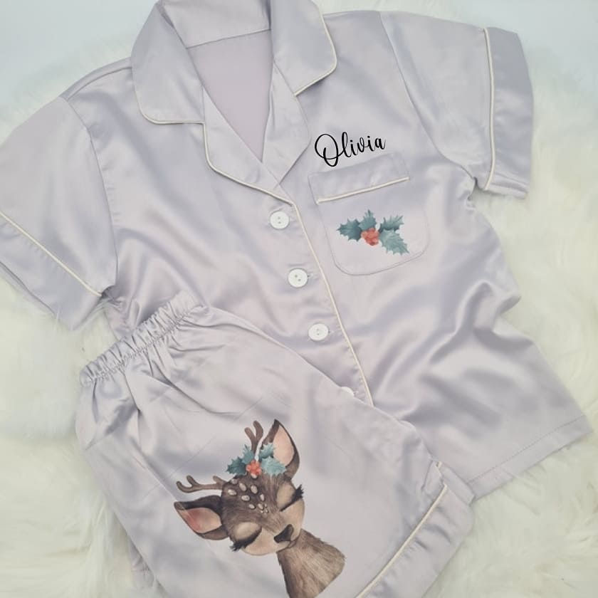 Thumbnail: Personalised Reindeer Satin PJs (Children's Long Style)