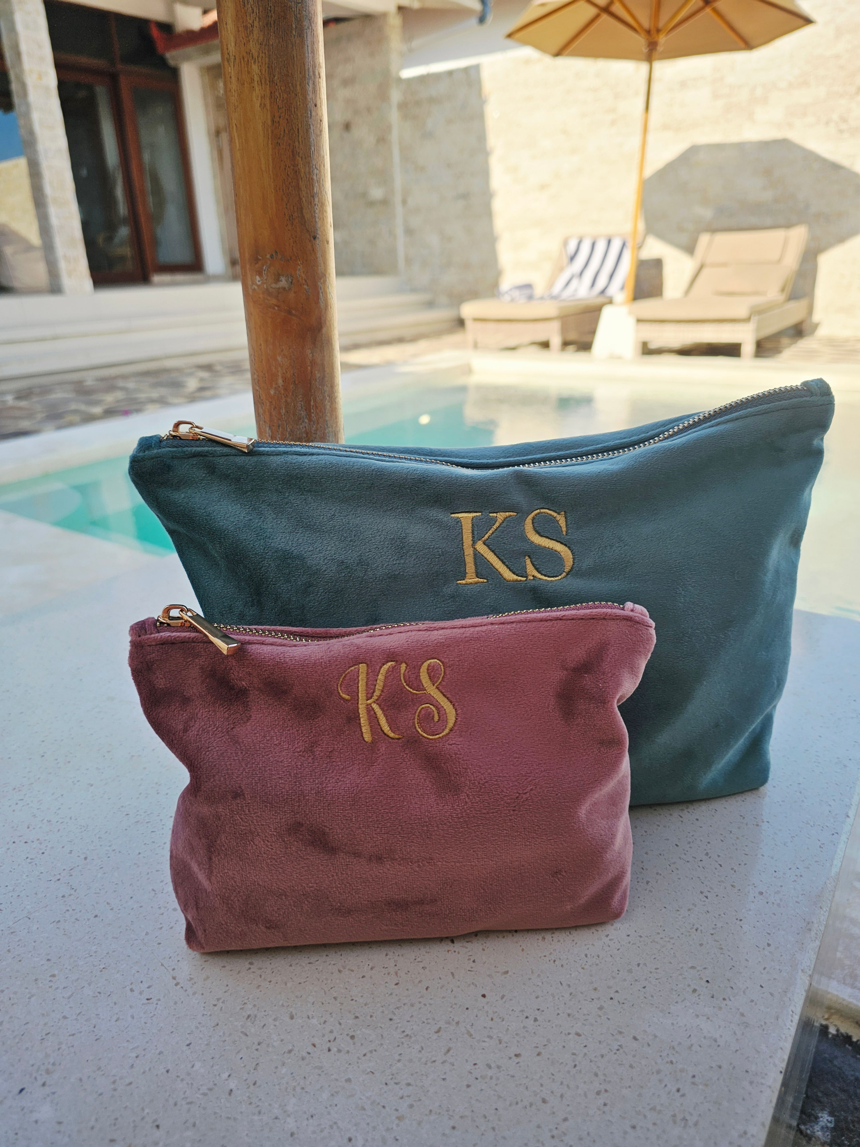 Embroidered velvet accessory bag