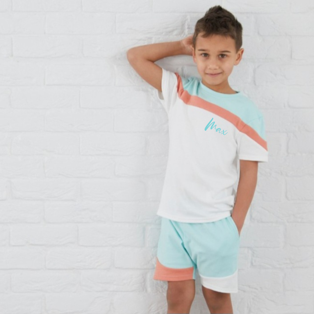 Embroidered Block Mint & Coral Summer Set