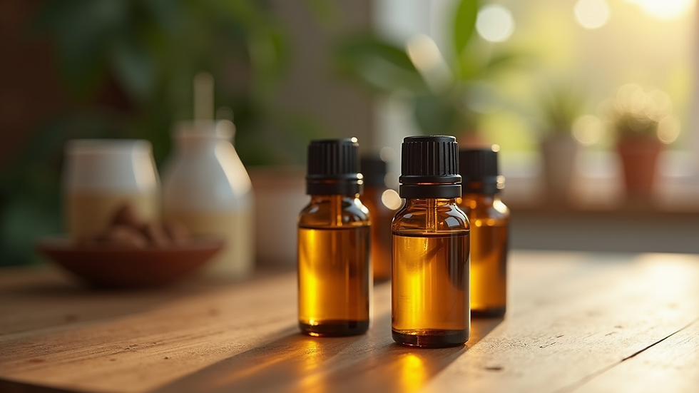 Close-up view of essential oil bottles arranged on a wooden table
