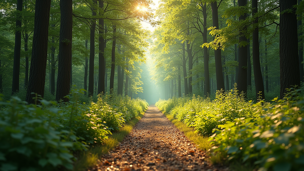 High angle view of a peaceful nature path leading into a bright forest