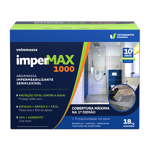 ImperMAX 1.000 Embalagem: 18 kg A votomassa imperMAX 1.000, é uma argamassa polimérica semiflexível impermeabilizante bicompo