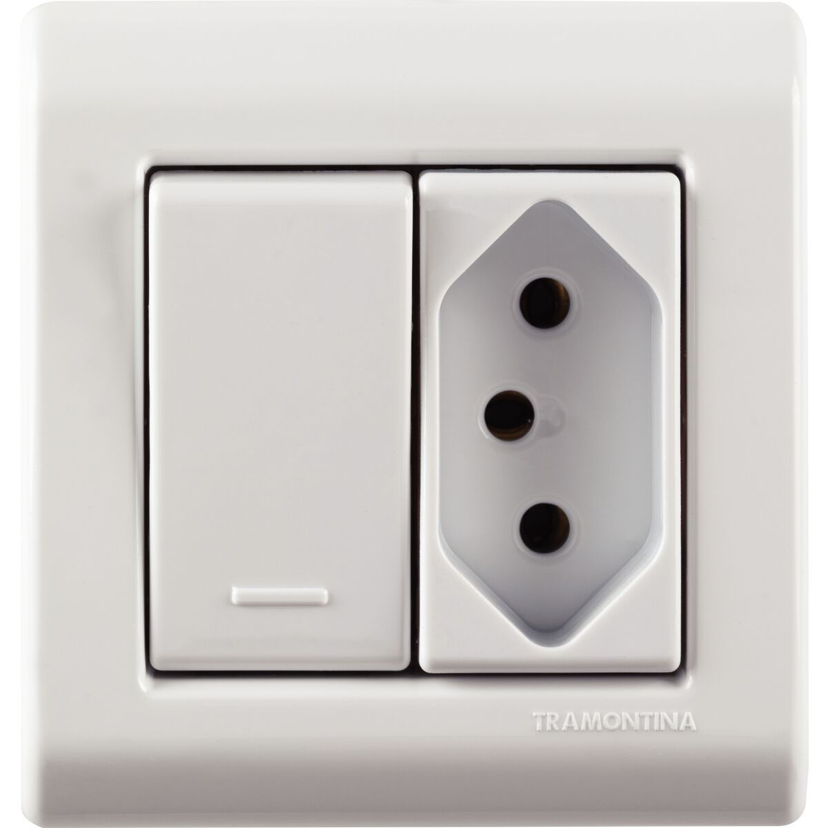 Caixa de Sobrepor com 1 Interruptor Simples 10 A 250 V e 1 Tomada 2P+T 20 A 250 V Tramontina LizFlex Branca. Referência: 5730