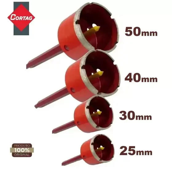 Serra Copo Diamantada 40mm com Prolongador e Pino Guia - Cortag