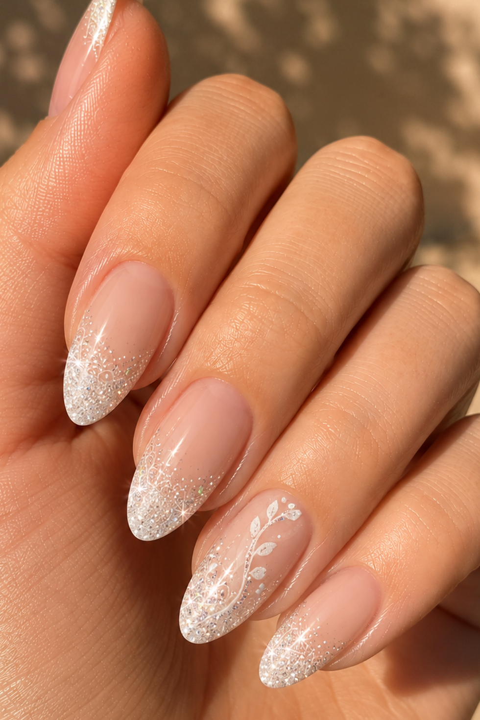 Elegantes Babyboomer Nageldesign auf mandelförmigen Nägeln mit zartem Rosa-Weiß-Verlauf und weißem Blumenmuster als Akzent.